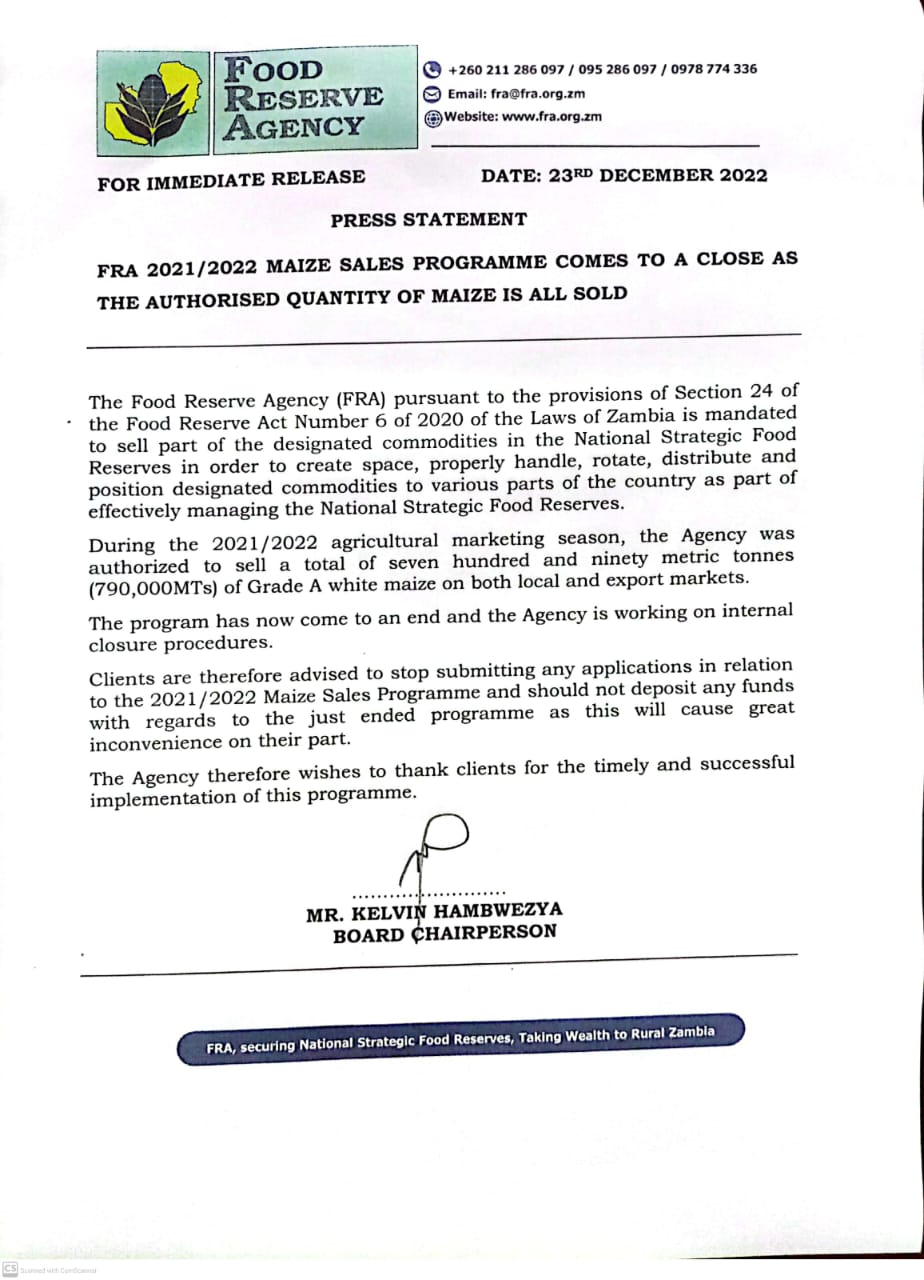 FRA 2021/2022 Maize sales programme comes to a close as the authority